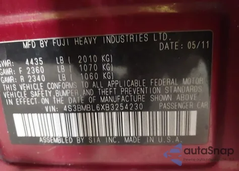 2011 Subaru Legacy 2.5I Limited из США, поврежденный, VIN 4S3BMBL6XB3254230